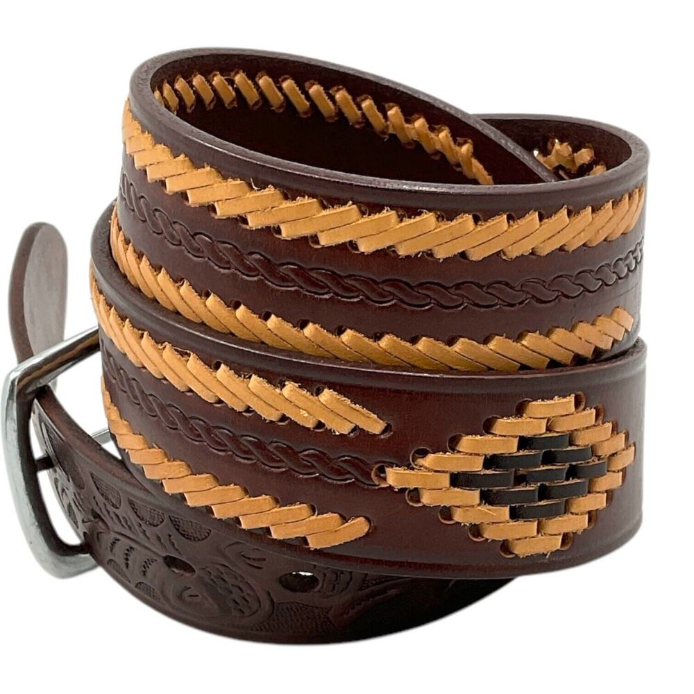 Brown Leather Mens 36 Western Belt Tan Dk Brown Stitching Southwest Rodeo Cowboy